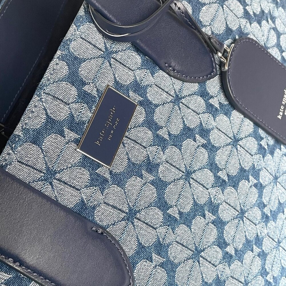 Kate Spade Jacquard Denim Large Manhattan Tote Bag Blue Flower Shoulder Strap - Picture 12 of 13